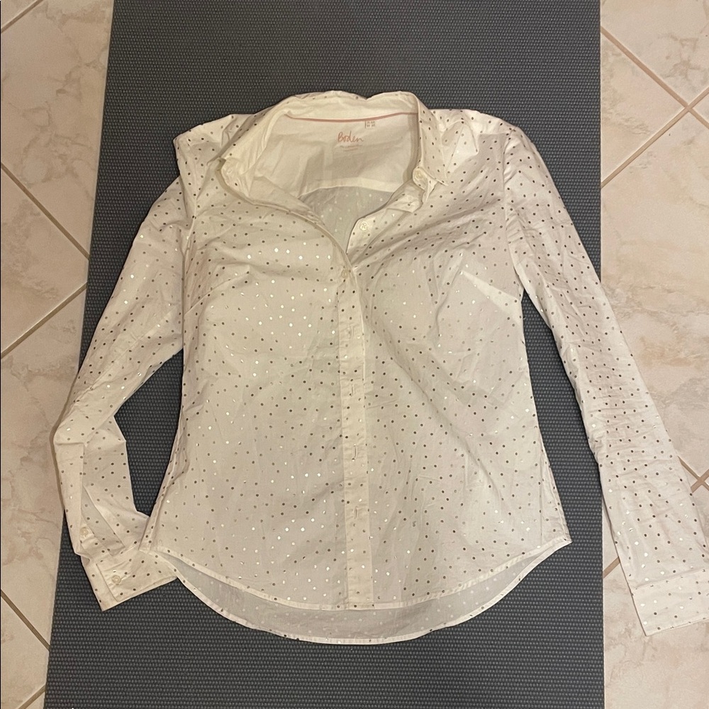 Boden White Button Down Shirt with Dots